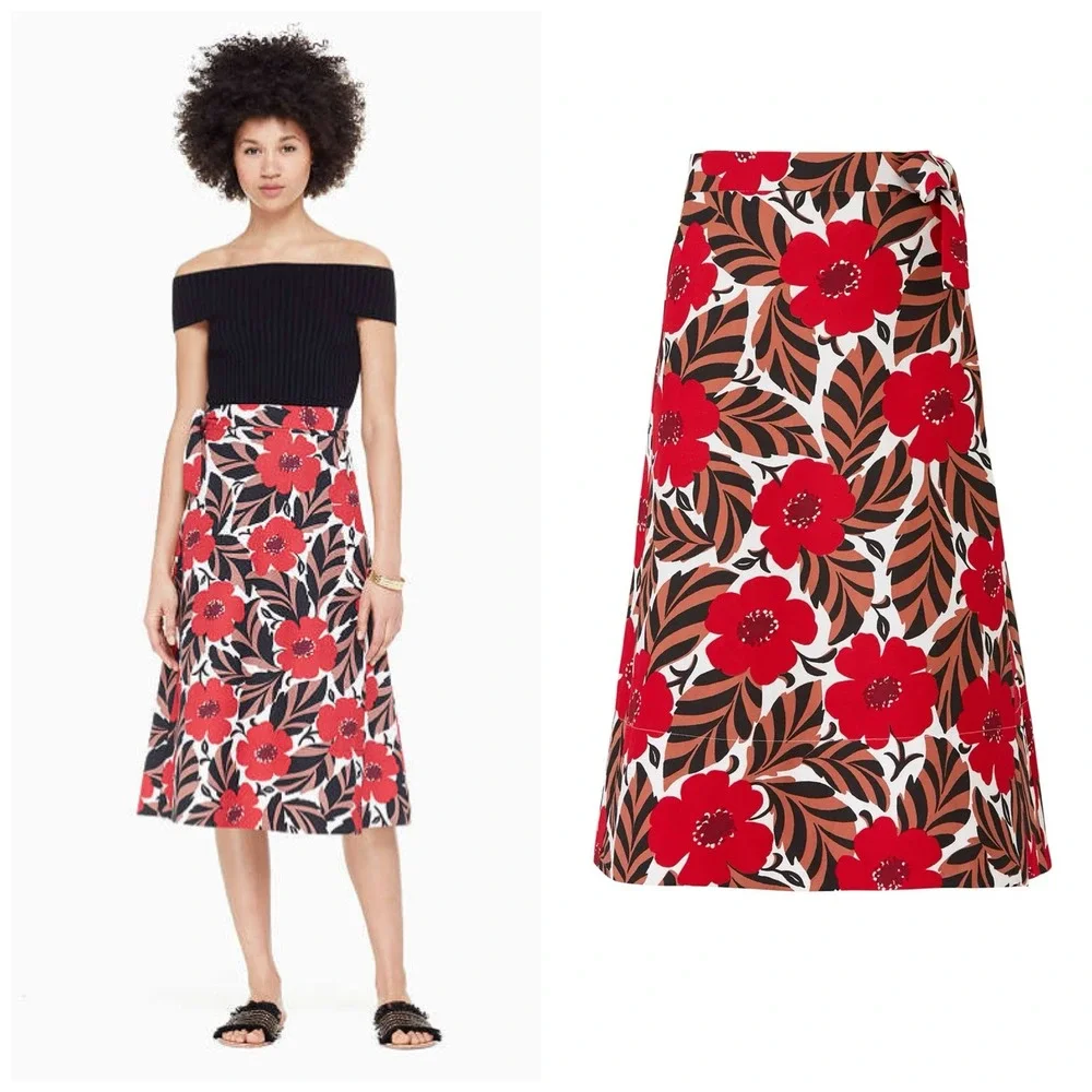 Kate Spade New York Red Floral Midi Wrap‎ Tie Skirt Poppy Fields Print A-Line 2